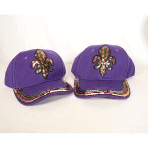 2 Mardi Gras Ballcaps Purple Sequins Fleu De Lis Green Red Gold Never Worn